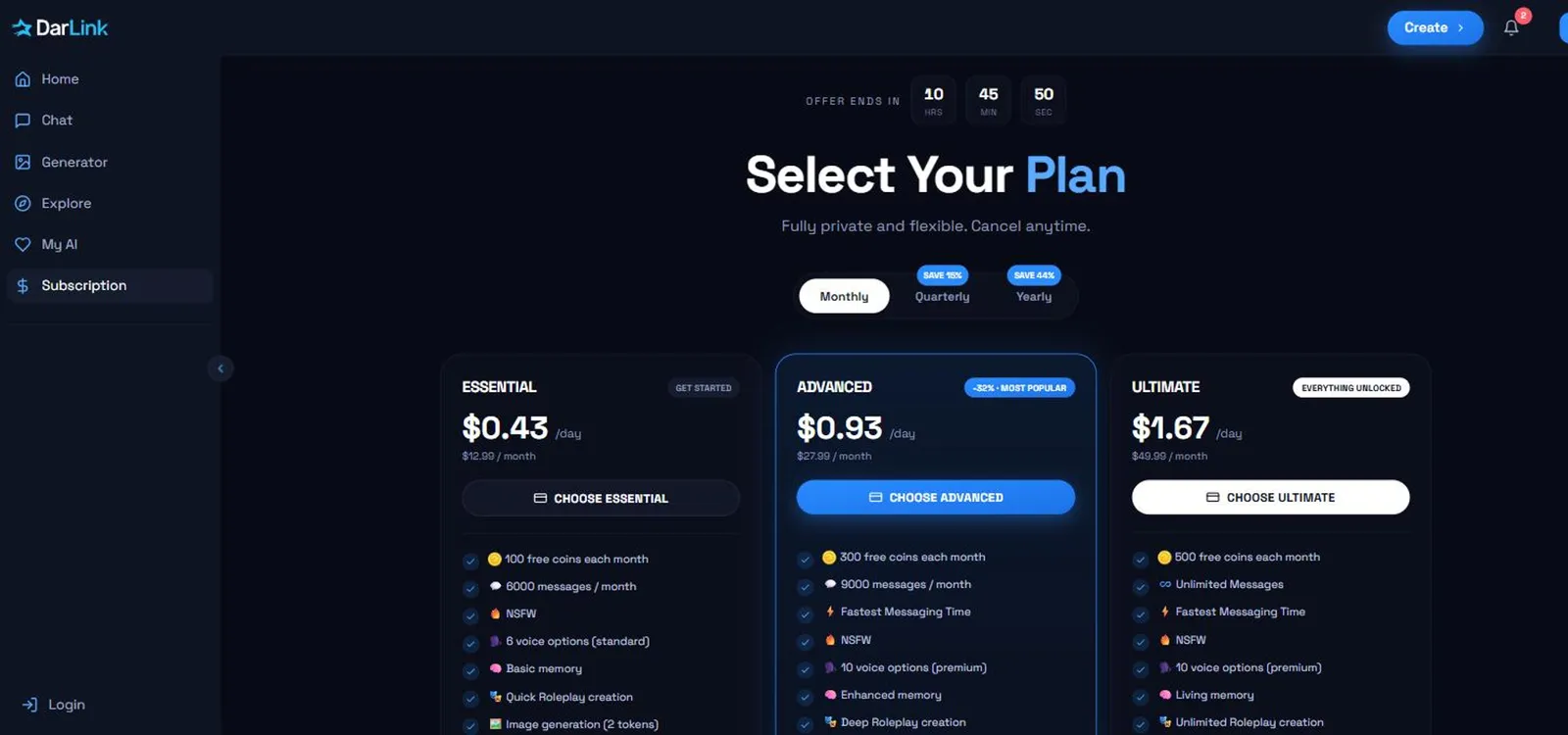 Page des formules de DarLink AI, en anglais, avec les prix Essential, Advanced et Ultimate en dollars