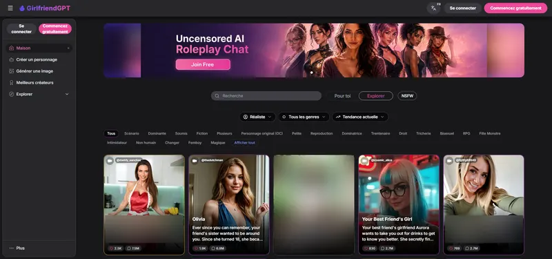 Page d'accueil de GirlfriendGPT en français, capture du 3 octobre 2026