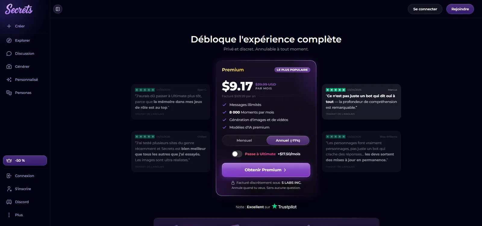 Page des abonnements de Secrets AI en français, avec l'offre Premium annuelle affichée en dollars