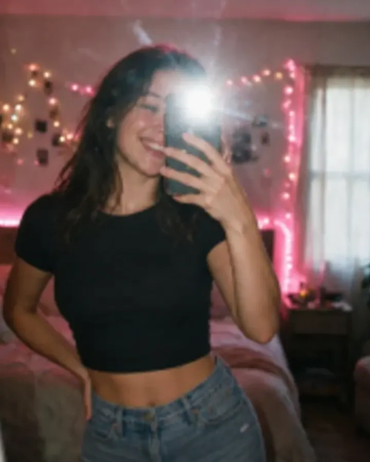 Copine IA brune qui se photographie dans un miroir, sur Candy AI