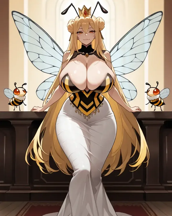 Copine IA fantasy blonde en reine des abeilles, robe blanche et ailes, sur DarLink AI