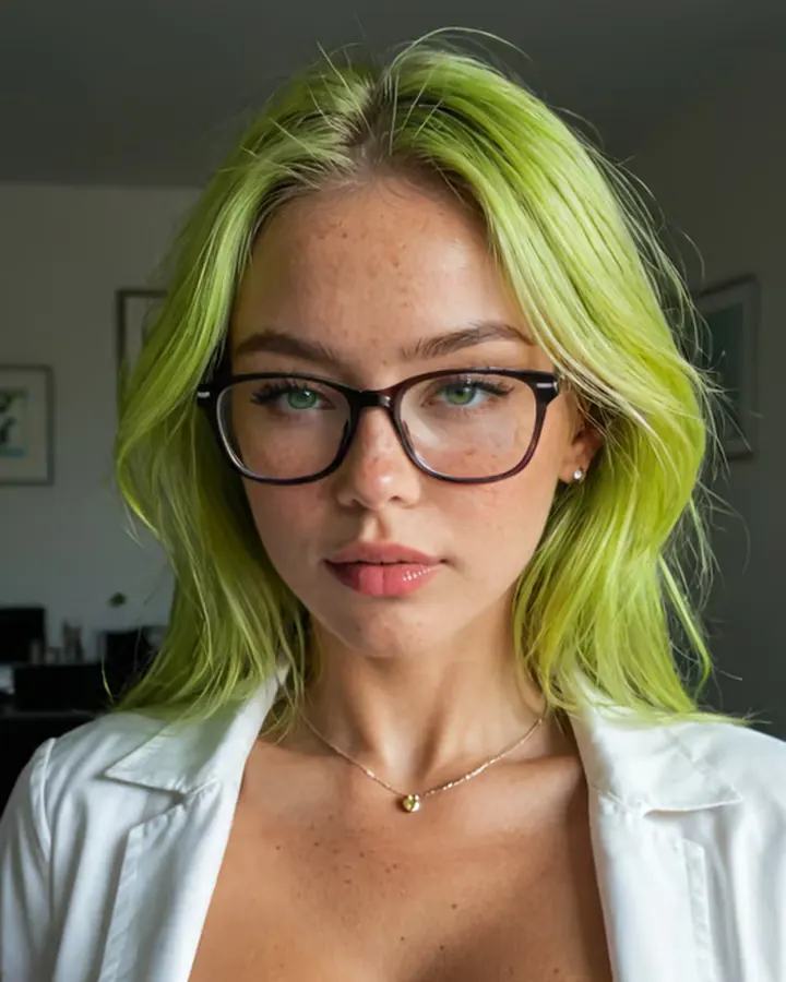 Copine IA aux cheveux verts et à lunettes, en blouse blanche, sur DarLink AI
