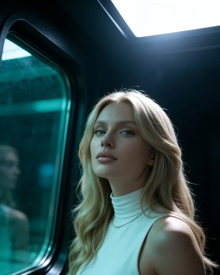 Copine IA blonde en col roulé sans manches, dans un train, sur JOI