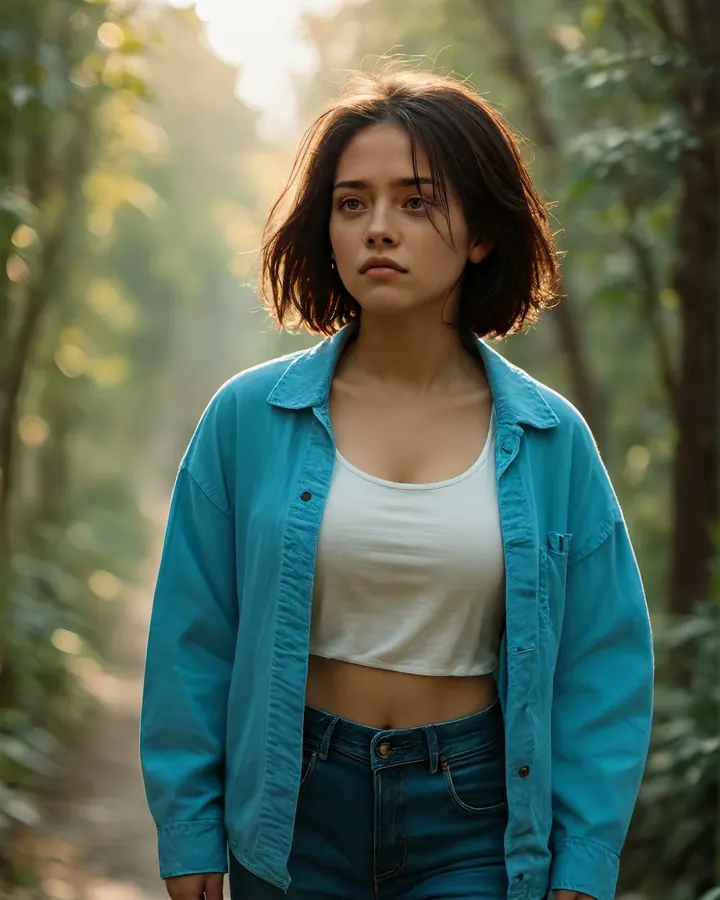 Copine IA brune aux cheveux courts, en veste en jean sur un haut blanc, en forêt, sur JOI