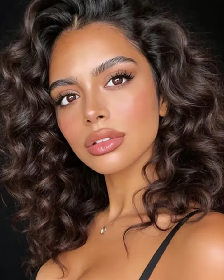 Copine IA brune aux cheveux bouclés, en dentelle noire, créée avec le créateur de personnages de JOI