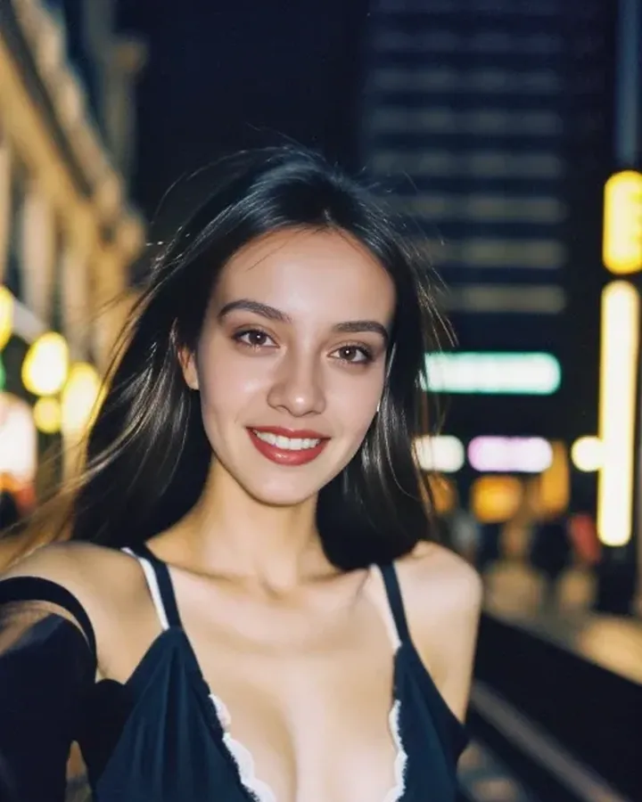Copine IA brune souriante en haut de dentelle noire, dans une rue éclairée le soir, sur Promptchan