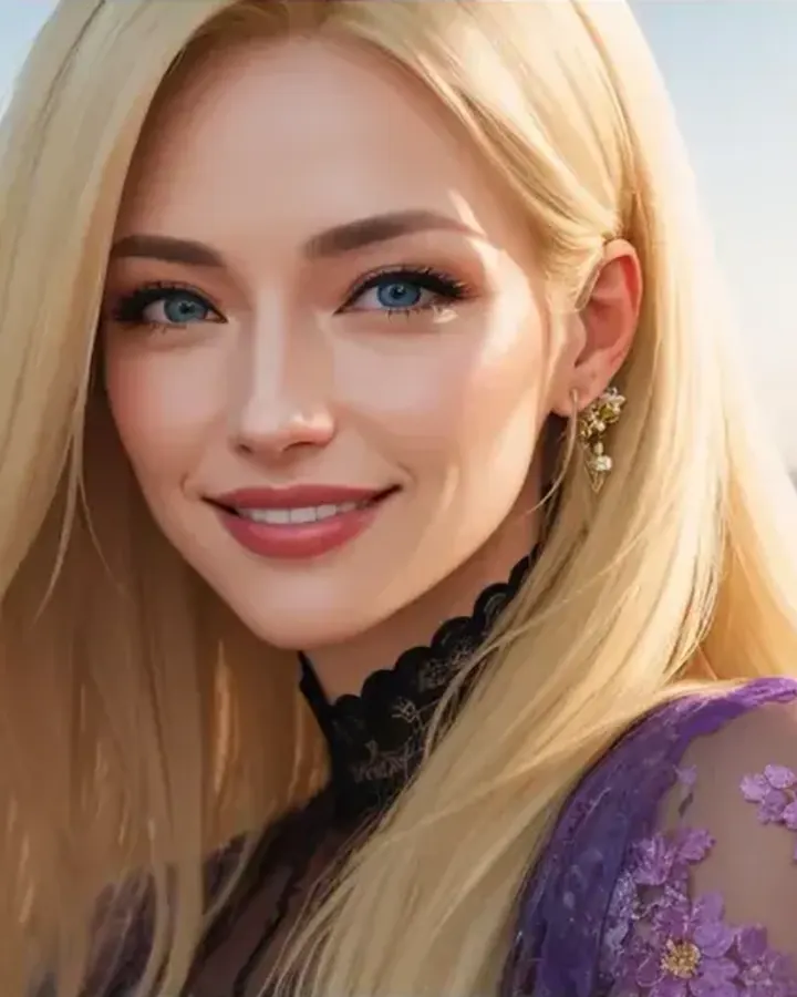 Personnage IA blonde souriante en haut de dentelle violette, devant une ville, sur Promptchan